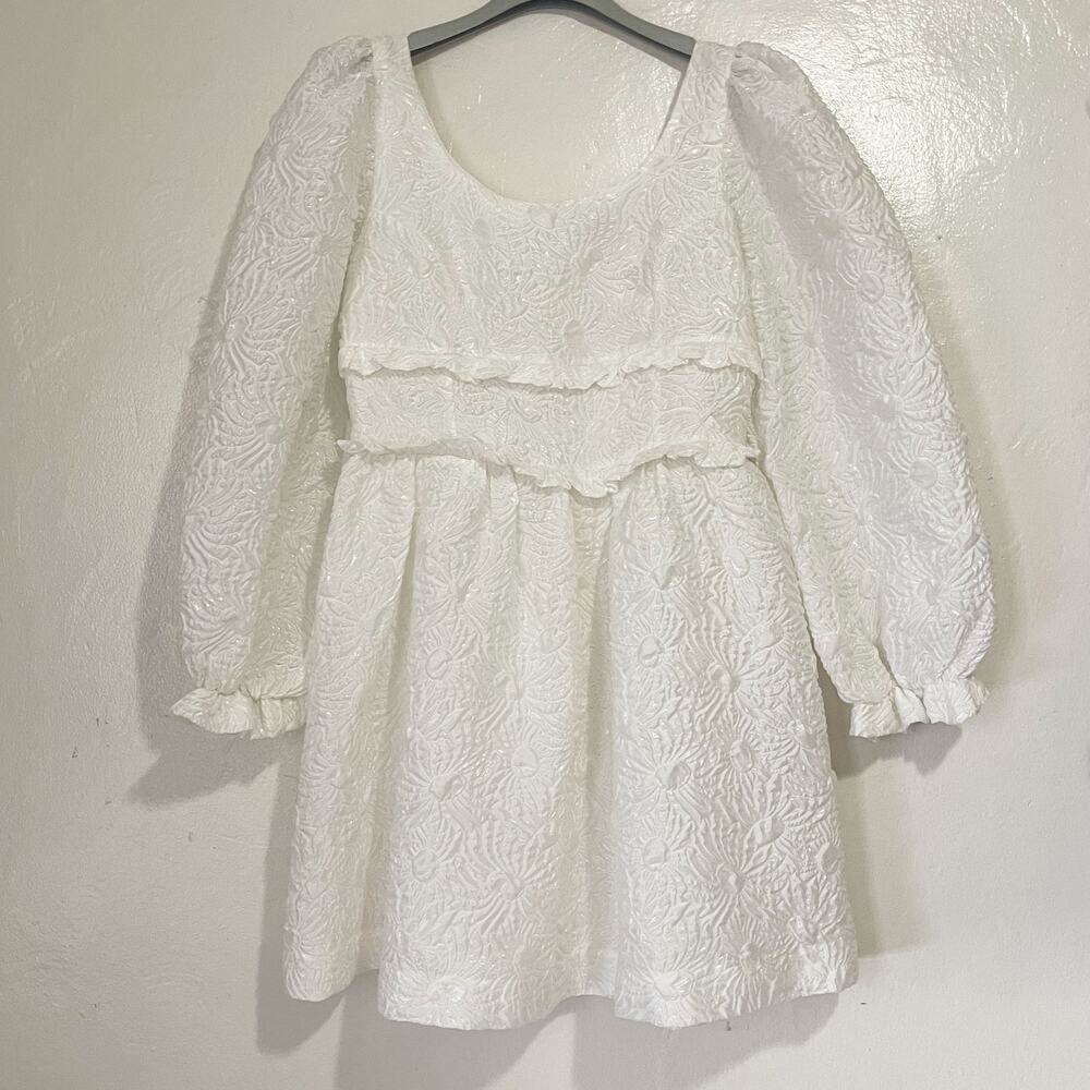 SHRIMPS Floral Jacquard Babydoll Silk Blend Mini Dress in White Size UK 12/ US 8